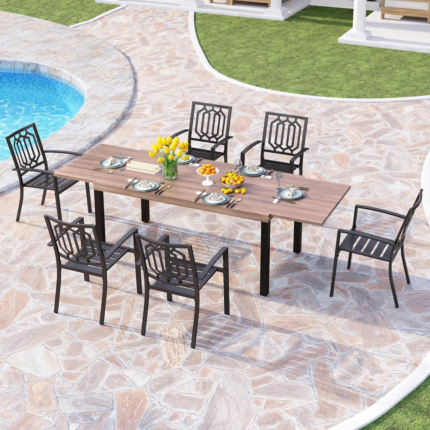 PHI VILLA 7 Pieces Outdoor Dining Set for 6, Expandable Wood-Like Metal Table & Wrought Iron Stacking Chairs, Large Long Dining Furniture for Patio, Deck, Backyard, Porch