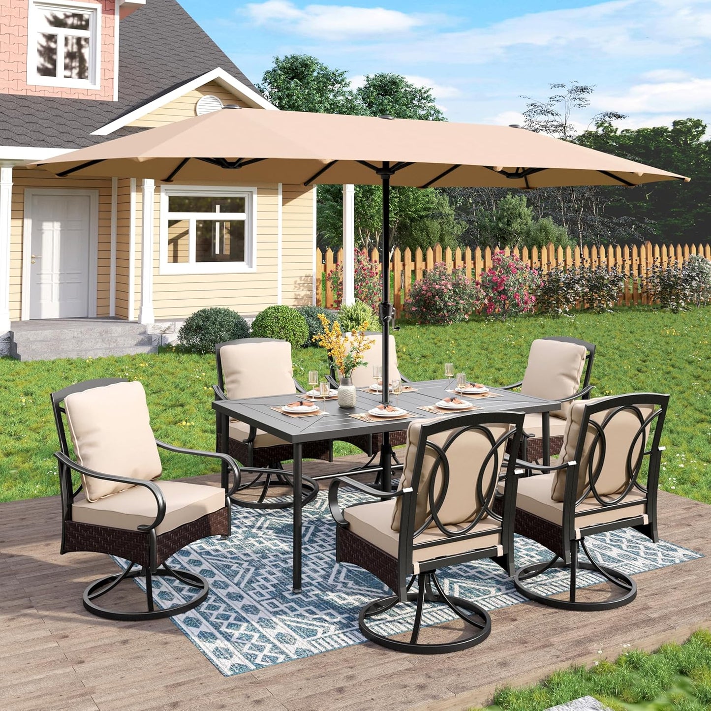 PHI VILLA Outdoor Dining Set for 6, All-Weather Patio Table and Chairs Set with Umbrella for 6, Heavy Duty Rectangle Patio Table Set for Deck, 6 Extra Large Outdoor Swivel Chairs with Thick Cushions