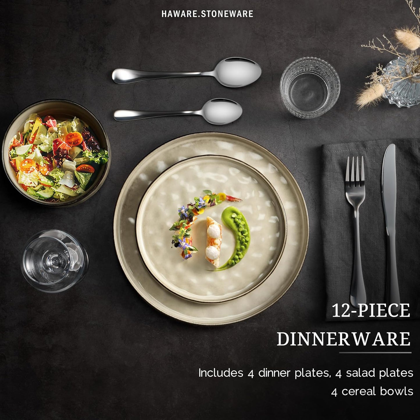 HaWare Dinnerware Sets, 12-Piece Plates and Bowls Set, Stoneware Dish Set for 4, Ceramic Dinnerware for Home Restaurant, Chip and Scratch Resistant, Microwave and Dishwasher Safe, Saturn Khaki