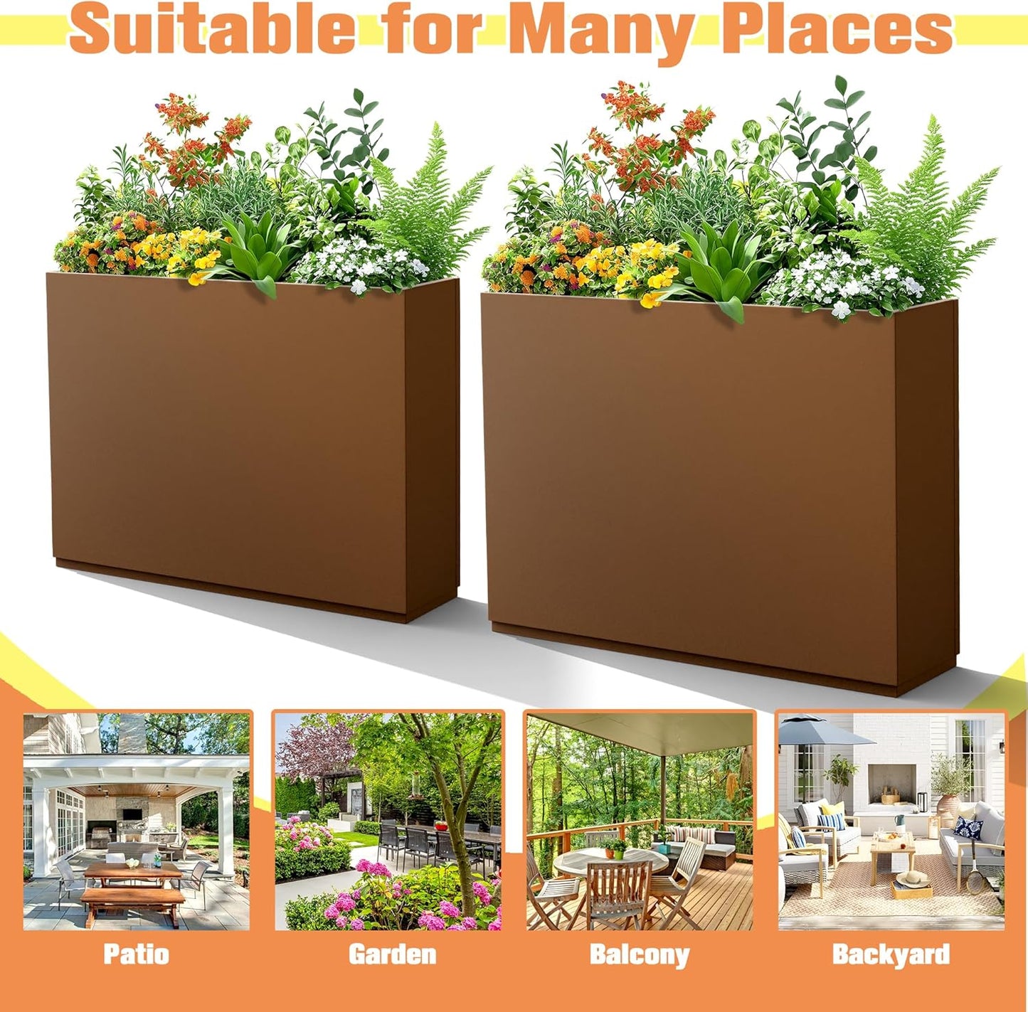 Large Rectangle Planter Metal Brown Planter Box with a Drainage Hole and a Removable Divider Indoor Outdoor Porch Pots for Tall Plants, Trees, Flowers 35.43" x 9.06" x 25.59" Brown