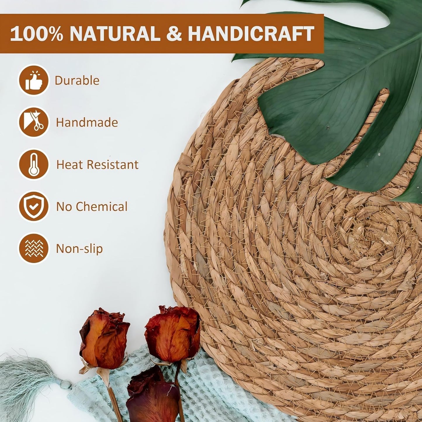 GENMOUS Woven Placemats Set of 10,12" Round Placemats Natural Water Hyacinth Boho Placemats,Farmhouse Rattan Chargers for Dinner Plates,Rustic Braided Wicker Table Mats for Dining Table,Home,Wedding