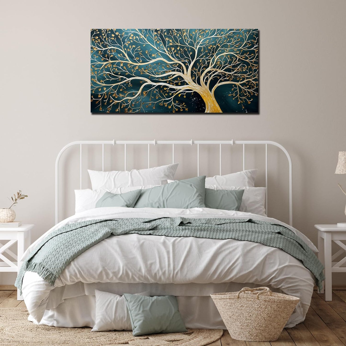 ENTANUB Tree Wall Art for Living Room, Gold and Green Abstract Wall Decor for Bedroom, Tree of Life Print Paintings Artwork, Size 24x48 Inches