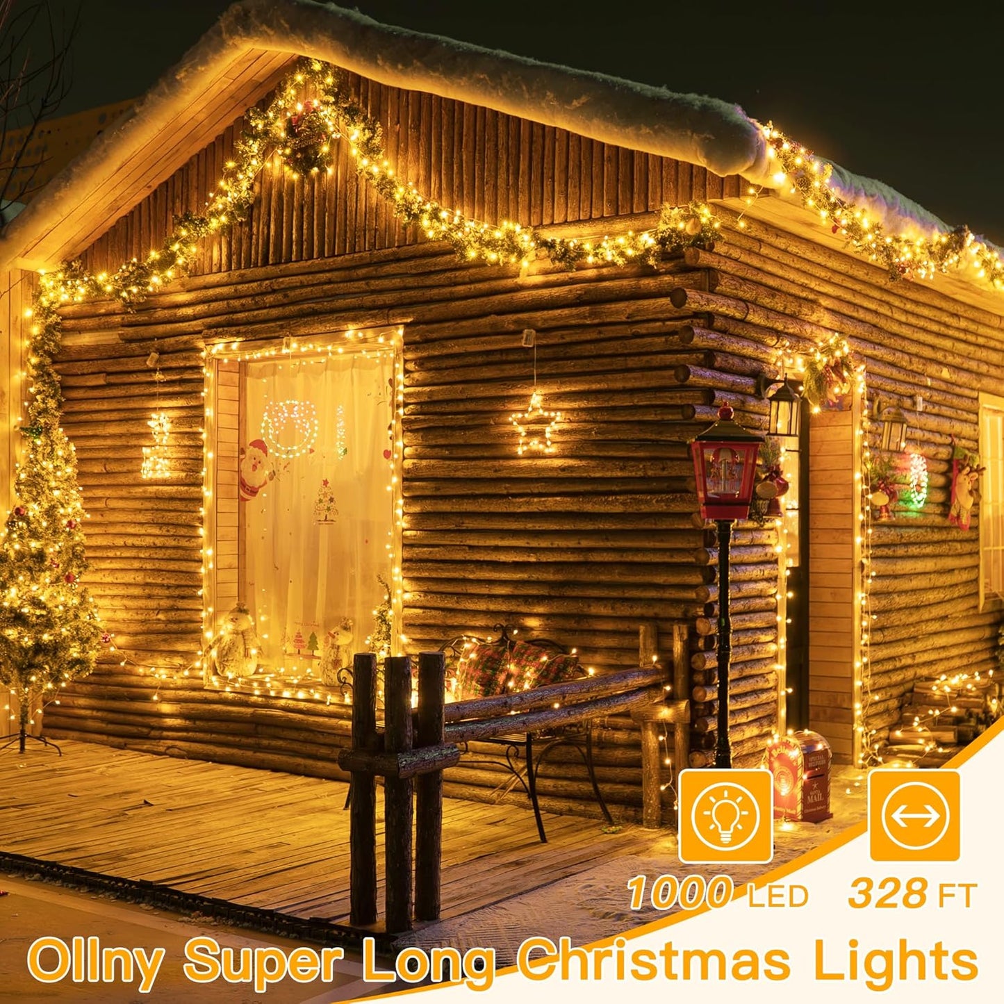 Ollny Christmas Lights Outdoor Waterproof, 1000LED 328FT Super Long String Lights with Remote 3 Timer, Plug in 8 Modes Fairy Light for Outside House Bedroom Xmas Decorations, Warm White