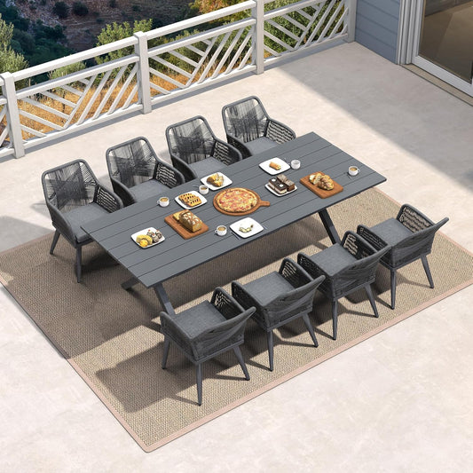 PURPLE LEAF Outdoor Patio Dining Set All-Weather PE Rattan Furniture Set with All Aluminum Frame Rectangular 9 Pieces Table and Chairs Set for 8 People Lawn Garden Backyard Deck, Grey