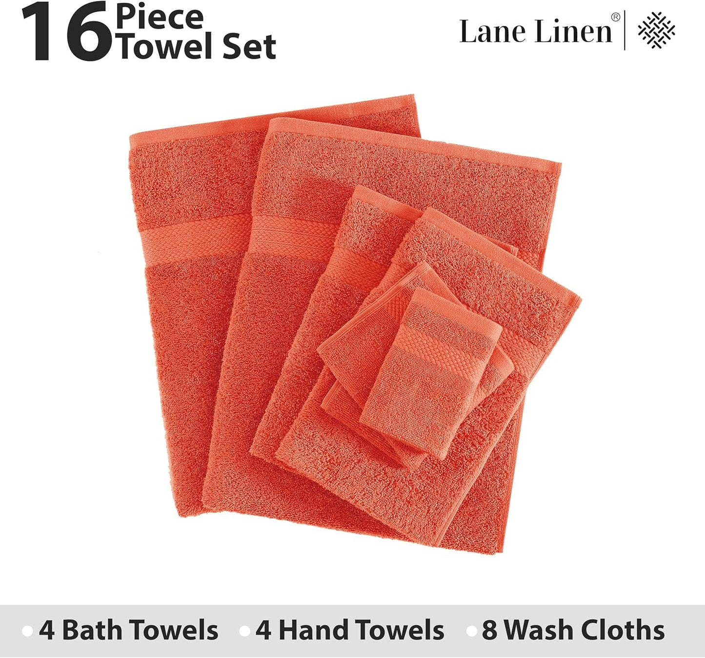 LANE LINEN 100% Cotton Luxury Bathroom Towel Set - 16 Pcs - Ring Spun, Quick Dry, Super Soft & Absorbent - 4 Bath, 8 Washcloths, 4 Hand Towels - Remains Fluffy After Multiple Washes - Living Coral