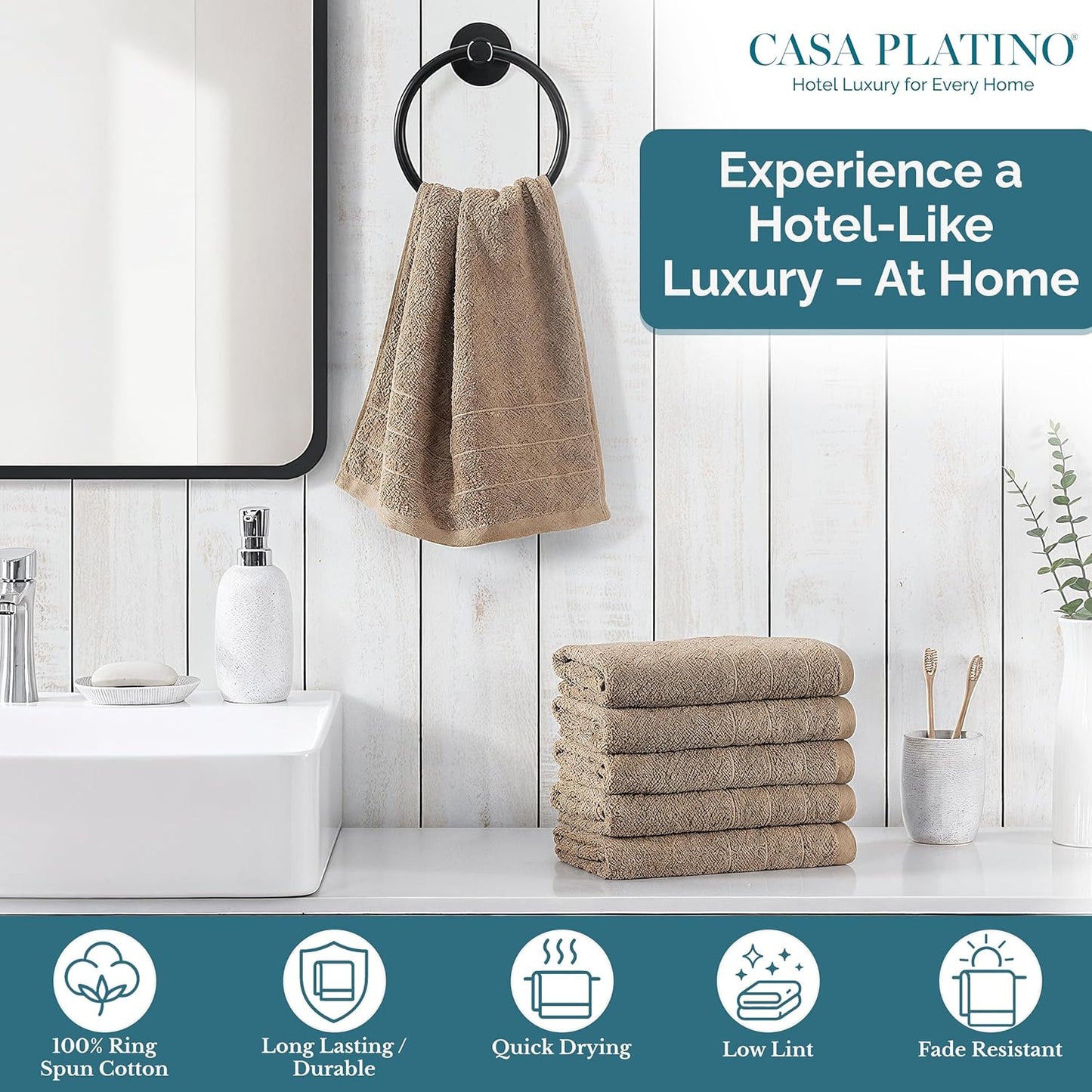 Casa Platino 6 Pack 100% Cotton Hand Towels (16"x28") - Ring Spun - Quick Dry, Soft & Absorbent Hand Towels Set of 6 - Hotel, Spa, Beauty, Gym, Bathroom - Remains Soft After Multiple Washes - Taupe