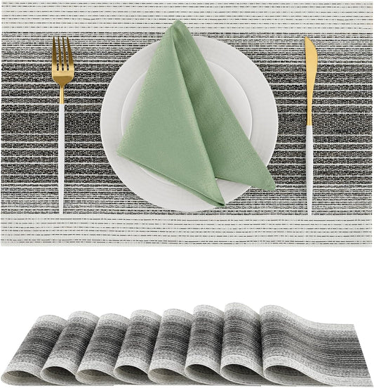 Leetaltree Black with White Woven Placemats Set of 8 - Heat Resistant Non-Slip Place mats for Dining Table, Washable Durable PVC Vinyl Woven Table Mats(Black with White, 8)