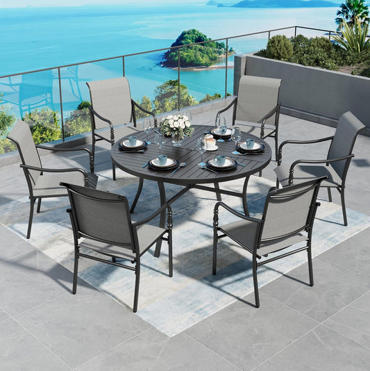Patio Table and Chairs Set of 6, All-Weather Breathable Textilene Patio Chair with Gourd-Shaped Armrests, 54x54 Round Table with Umbrella Hole, 7 Pcs Metal Frame Patio Dining Set