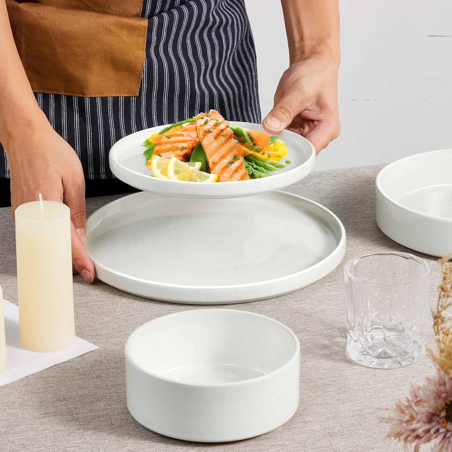 Herogo 24 Piece Dinnerware Sets with Pasta Bowls for 6, Dinner Salad Plates and Cereal Serving Bowls, Stoneware Dishes Dinner Ware for Kitchen Dining, Dishwasher & Microwave Safe, Speckled White