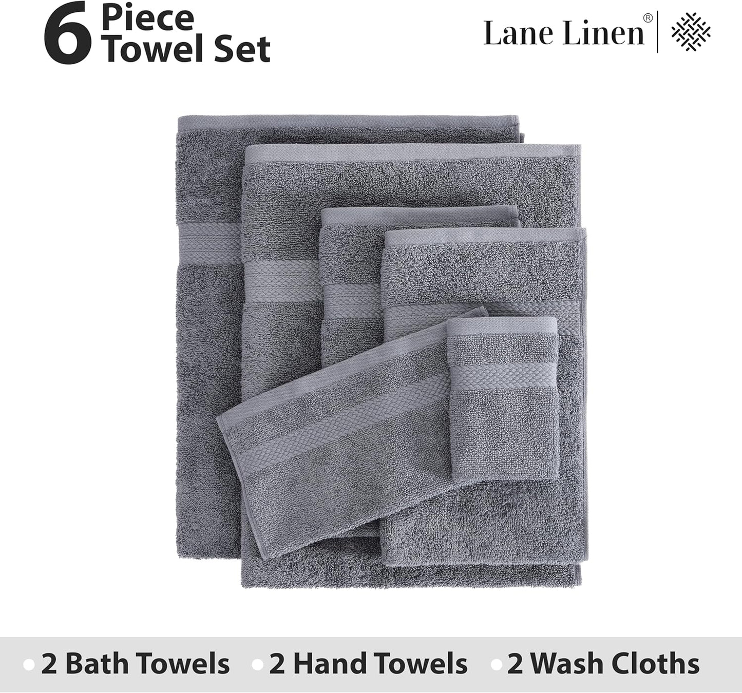 Lane Linen 100% Cotton Luxury Bathroom Towel Set - 6 Pcs - RingSpun, QuickDry, Very Soft & Highly Absorbent - 2 Large Bath Towels, 2 Washcloths, 2 Hand Towels - Pre Shrunk & Fade Resistant - Cool Grey