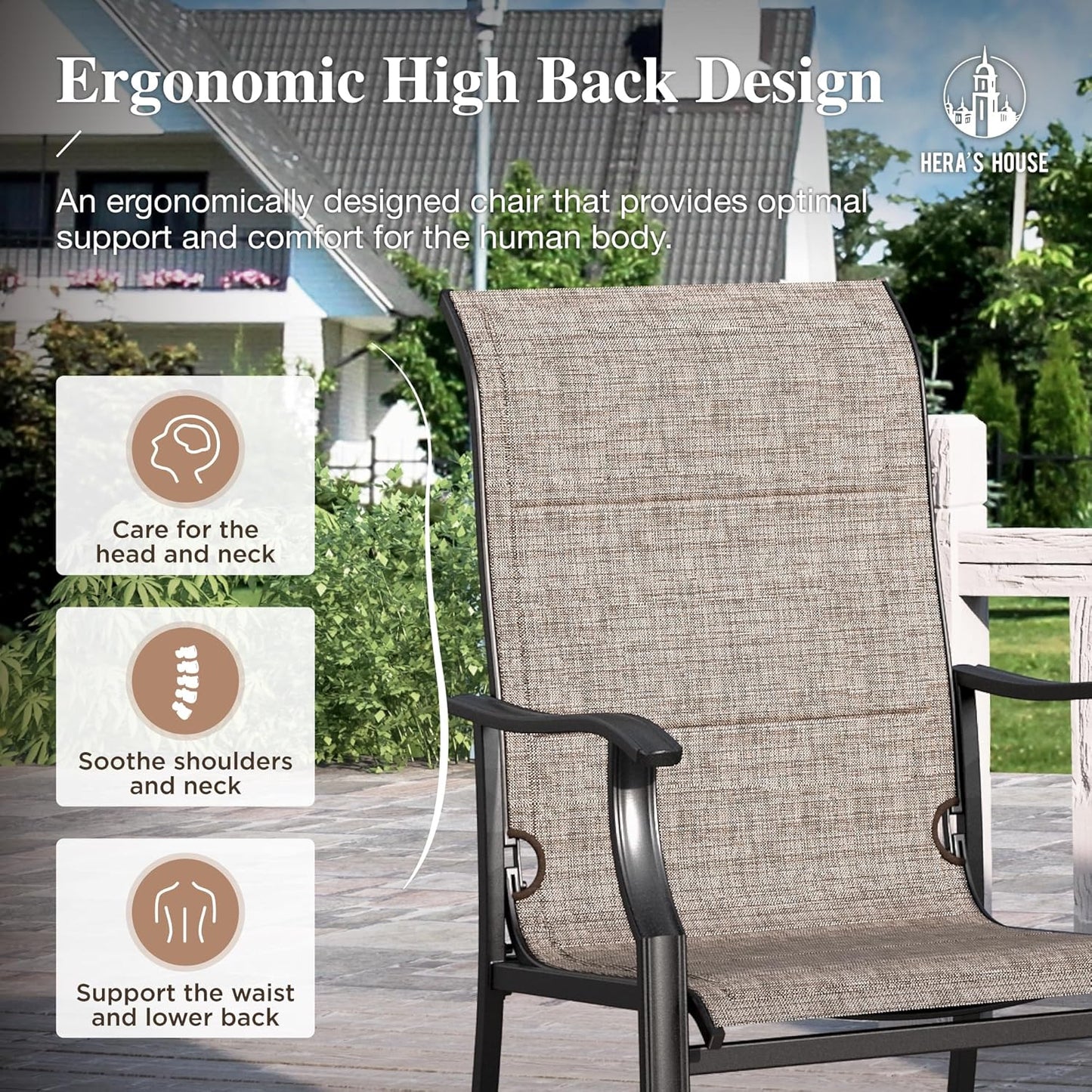 HERA'S HOUSE 7 Pieces Patio Dining Set, Outdoor Dining Set for 6, 6 x All Weather Textilene Padded Patio Dining Chair, 1 x Rectangular Large Surface Wood Like Dining Table, for Lawn Garden Backyard