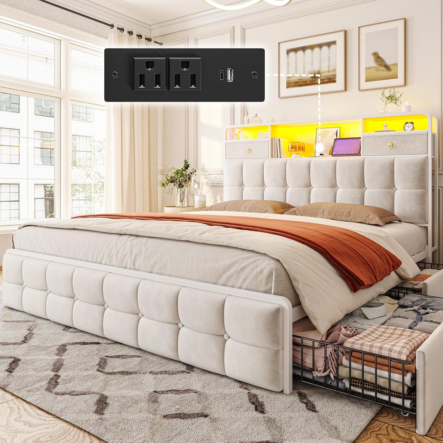EnHomee Full Size Bed Frame with Upholstered Headboard and 6 Storage Drawers,Bed Frame Full with LED Lights and Charging Station,no Box Spring Needed,No Noise, Easy Assembly,Velvet,Sturdy,Soft,Beige