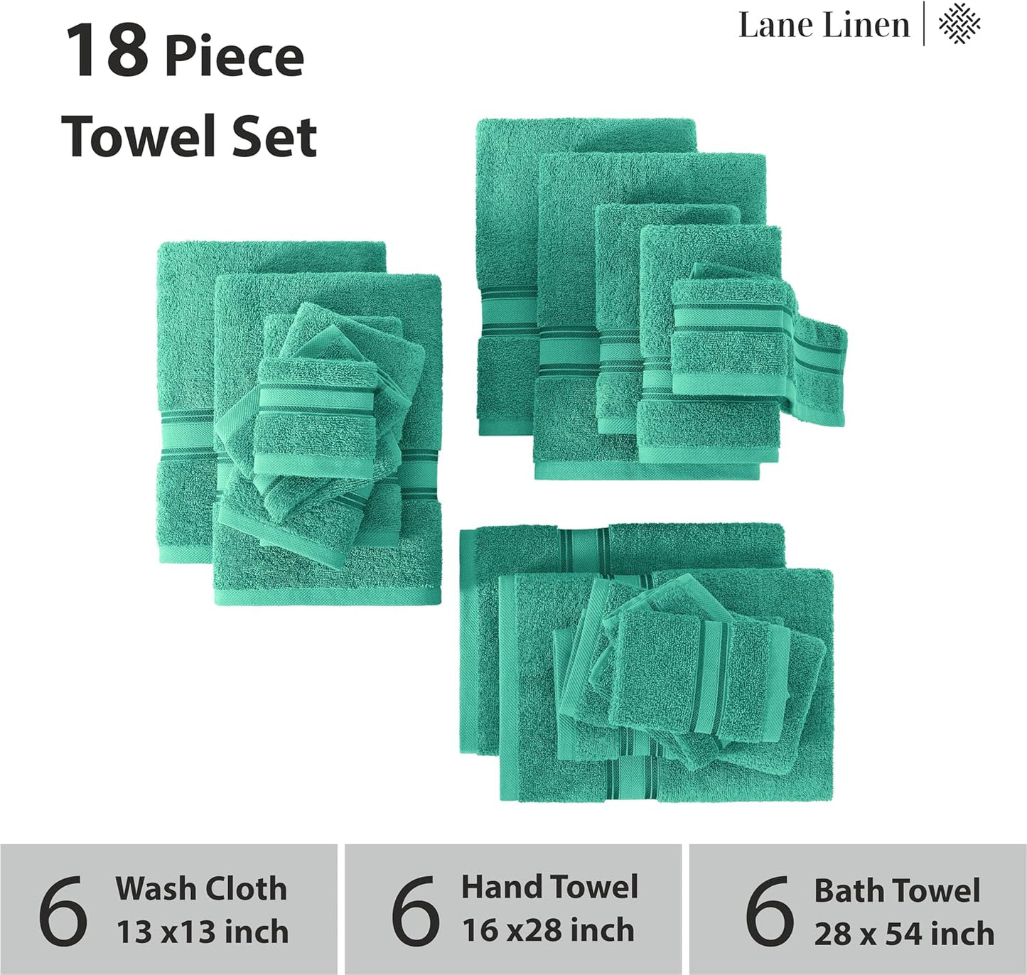 LANE LINEN 100% Mercerized Cotton Luxury Bathroom Towel Set - 18 Pcs - Zero Twist, Fluffy, Soft & Highly Absorbent - 6 Bath, 6 Washcloths, 6 Hand Towels - Avaialable in Wide Variety of Colours - Teal