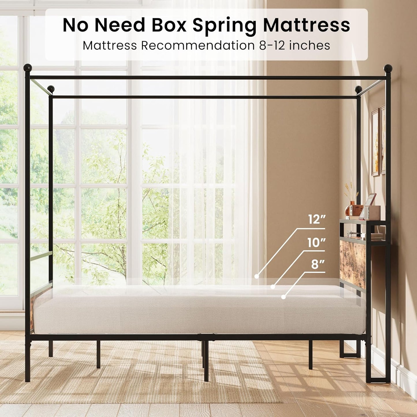 LIKIMIO Canopy Bed Frame Queen with Storage Headboard & Charging Station, Sturdy Metal Platform Bed with 4 Removable Posts, Dual Purpose Bed Frame, No Box Spring Needed, Noise Free