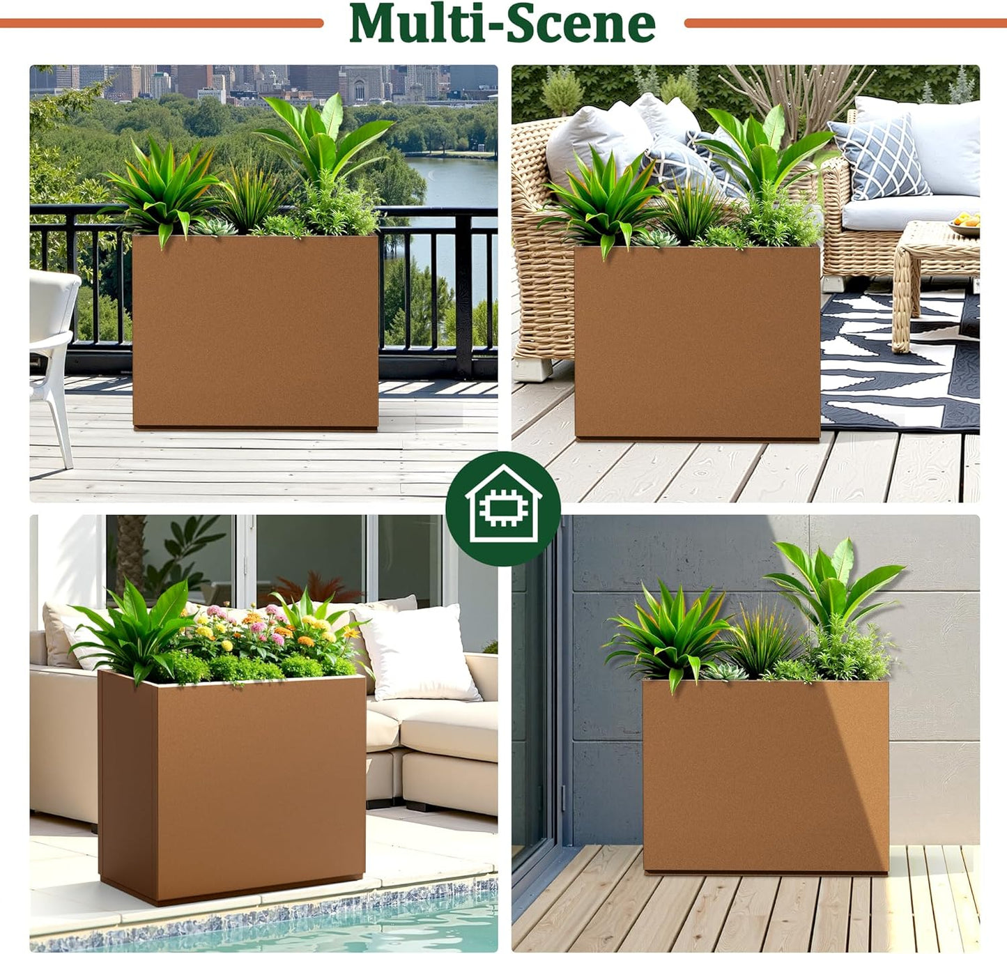 Large Rectangle Planter Metal Brown Planter Box with a Drainage Hole and a Removable Divider Indoor Outdoor Porch Pots for Tall Plants, Trees, Flowers 29.92" x 12.01" x 24.02" Brown