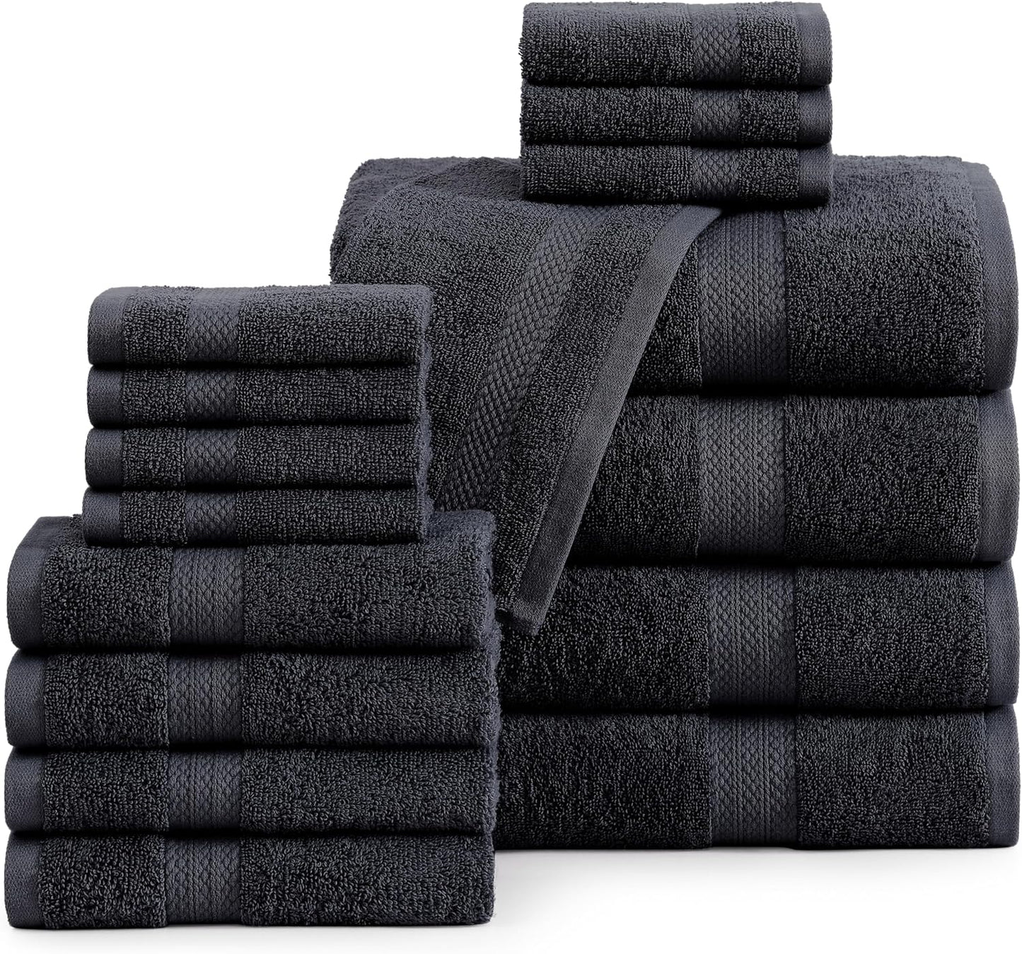 LANE LINEN 100% Cotton Luxury Towel Set for Bathroom - 16 Pieces, Ring Spun - Super Plush, Very Soft & Absorbent - 4 Bath Towels, 8 Washcloths, 4 Hand Towels - Suitable for All Skin Types - Black