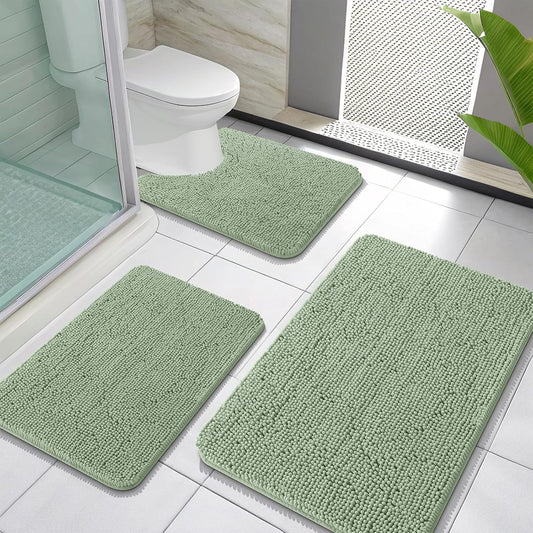 OLANLY Bathroom Rugs Sets 3 Piece, Soft Absorbent Chenille Bath Mats and U-Shaped Contour Toilet Rug, Quick Dry, Home Decor Accessories, Bath Mat Set for Bathroom (30"x20"+24"x16"+24"x20", Sage Green)