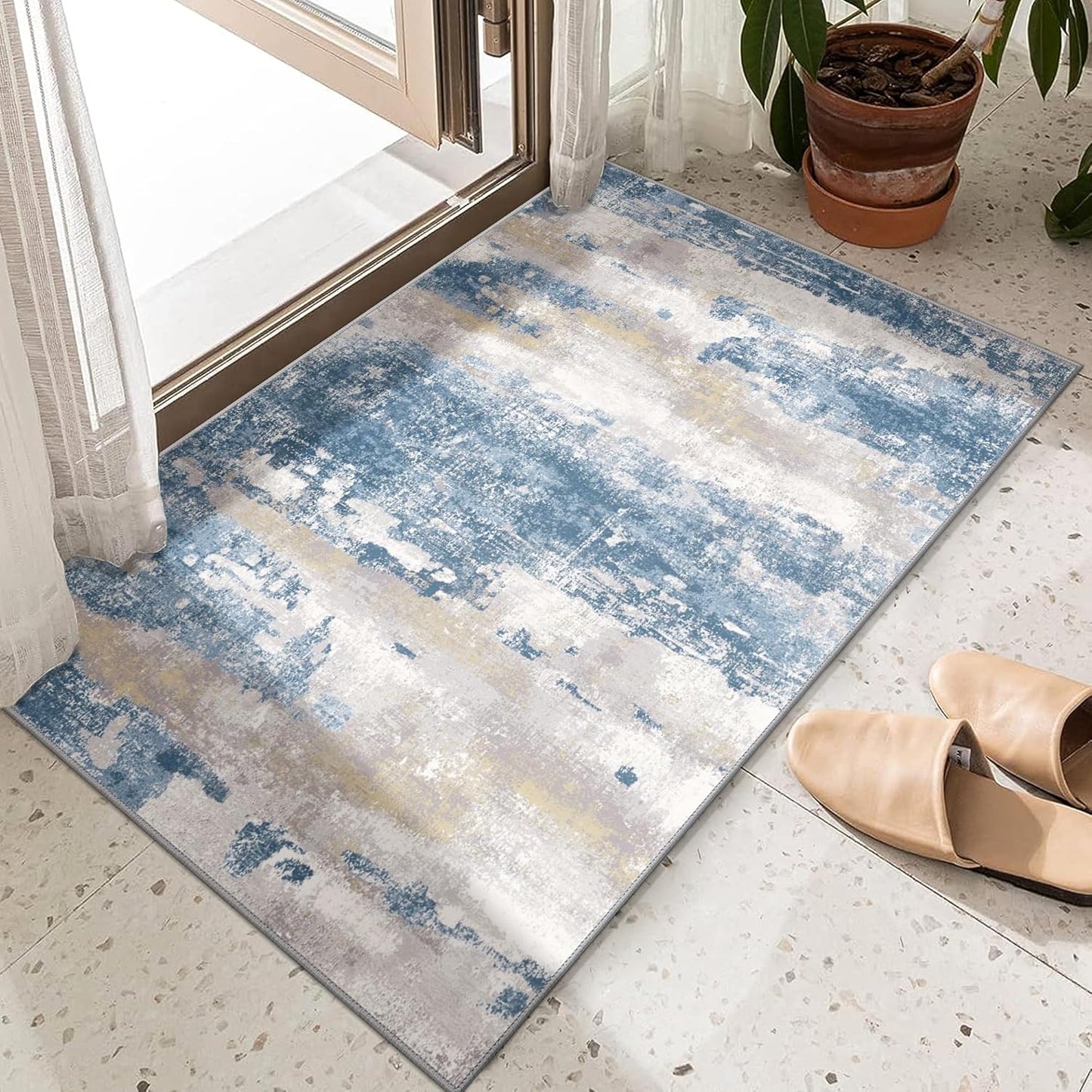 1.5'x2.5' Rugs for Entryway Entrance Kitchen Bathroom, Machine Washable Modern Abstract Soft Area Rug, Low Pile Indoor Floor Carpet with Non Slip Backing, Blue Cream