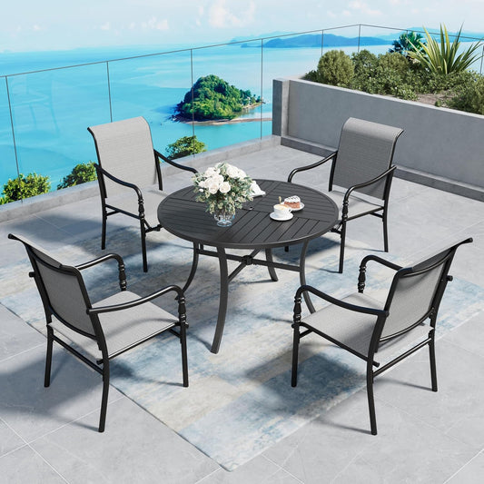 Patio Table and Chairs Set of 4, All-Weather Breathable Textilene Patio Chair with Gourd-Shaped Armrests, 42x42 Round Table with Umbrella Hole, 5 Pcs Metal Frame Patio Dining Set