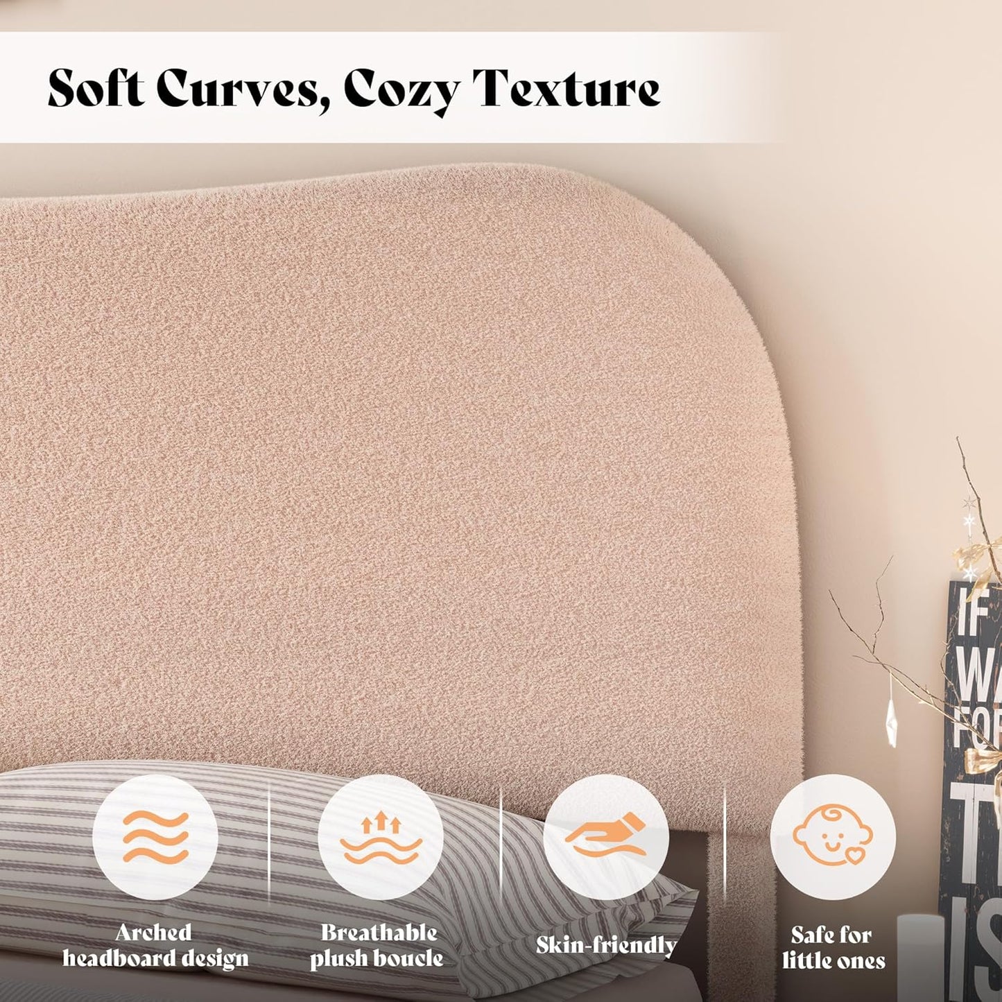 AMERLIFE Full Size Upholstered Boucle Bed Frame, Soft Cloud Platform Bed with Adjustable Headboard, Modern Design, Rounded Corners, Rubberwood Legs, No Box Spring Needed, Easy Assembly, Beige