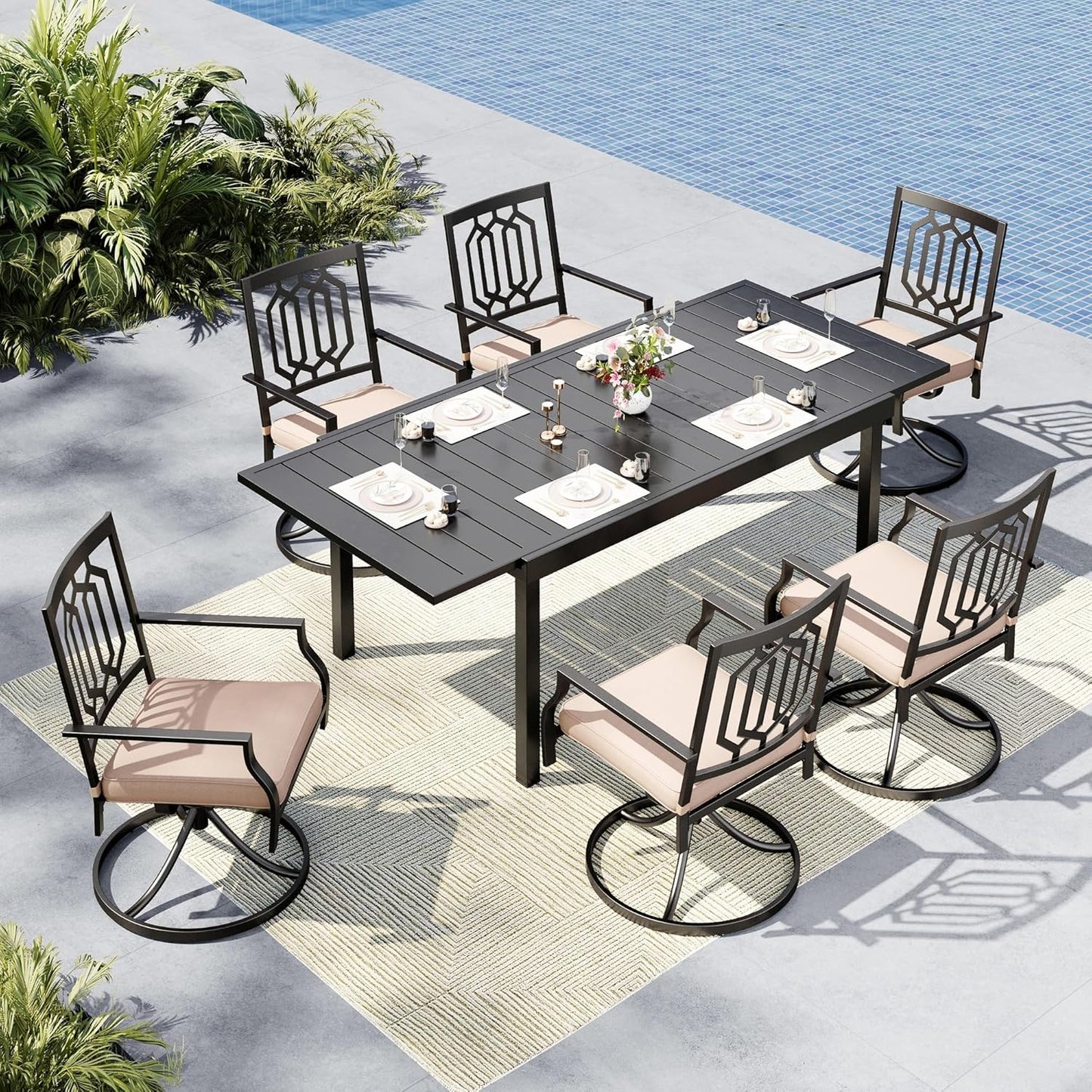 MFSTUDIO Outdoor Dining Set for 6, Patio Dining Sets with Swivel Chairs, Expandable Metal Patio Table and Chairs Set for Deck Backyard Poolside Garden