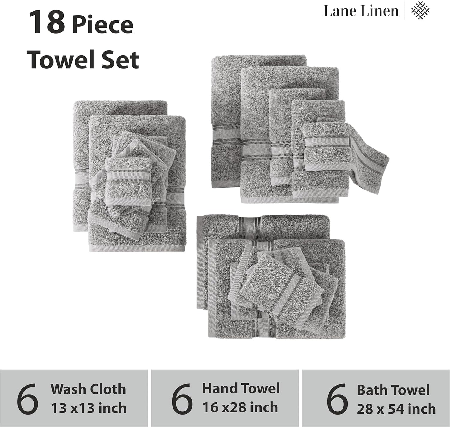 LANE LINEN 100% Cotton 18 Piece Bath Towel Set - Zero Twist, Quick Dry, Super Soft & Highly Absorbent - 6 Bath, 6 Washcloths, 6 Hand Towels for Bathroom - Hotel Quality Bathroom Towel Set - Grey