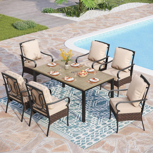PHI VILLA 7-Piece Outdoor Dining Set, Heavy Duty Patio Table and Chairs Set with Umbrella Hole for 6, 64" Rectangular Patio Woodgrain Metal Table & Metal Wicker Dining Chairs with Cushions
