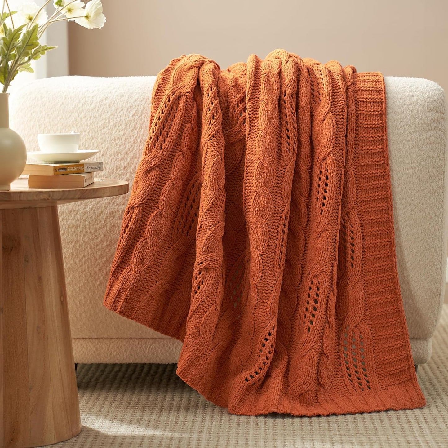 Amélie Home Chunky Knit Throw Blanket, Dual-Sided Soft Chenille Breathable Cable Knitted Blanket for Couch, Farmhouse Decorative Throw for Sofa & Chair, 50"x60", Burnt Orange