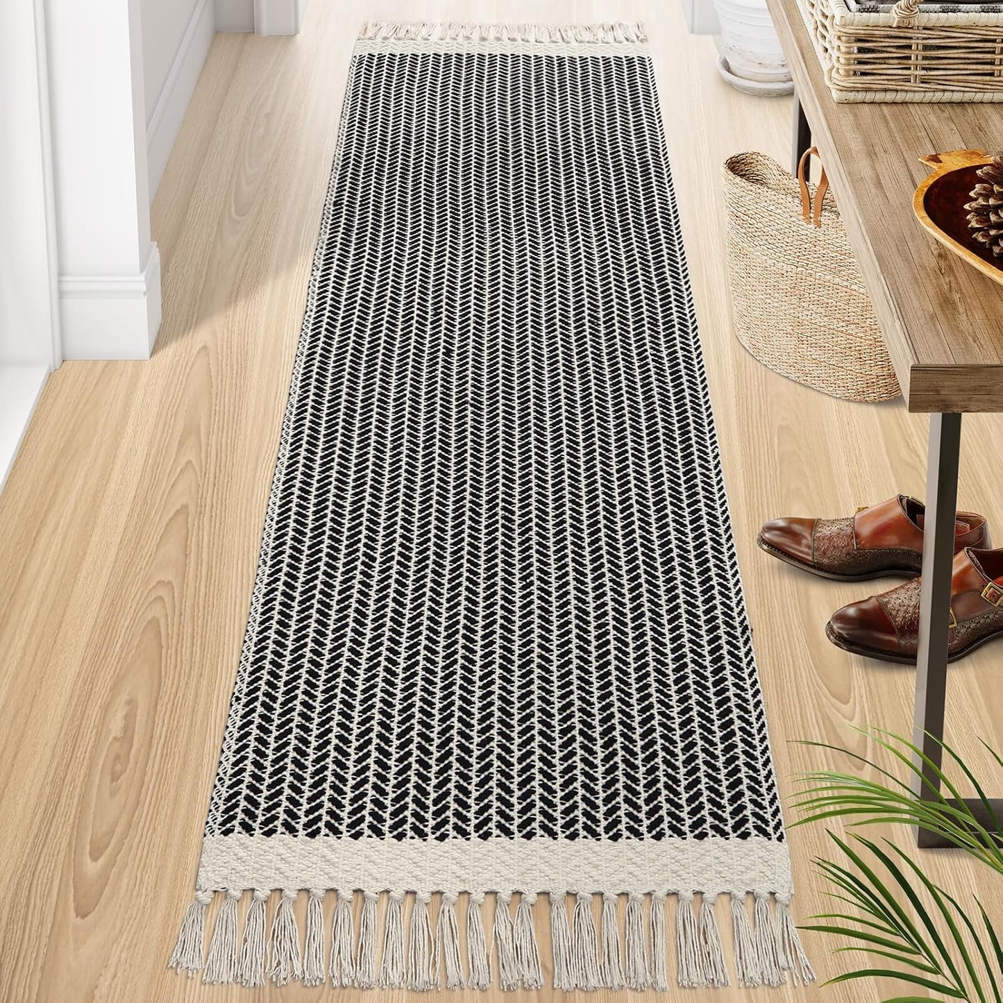 Lahome Boho 2x7 Hallway Runner Rug, Bathroom Runners Lightweight Entry Woven Cotton Black Runner Rug with Tassels, Farmhouse Door Mats Indoor Low Pile Carpet for Laundry Room Decor