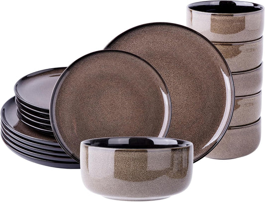 LeRatio Ceramic Dinnerware Sets for 6,Poreclain Plates and Bowls Sets,Handmade Reactive Glaze Dishes Set,Chip Resistant and Scratch Resistant | Oven&Dishwasher & Microwave Safe-Chestnut(18PCS)