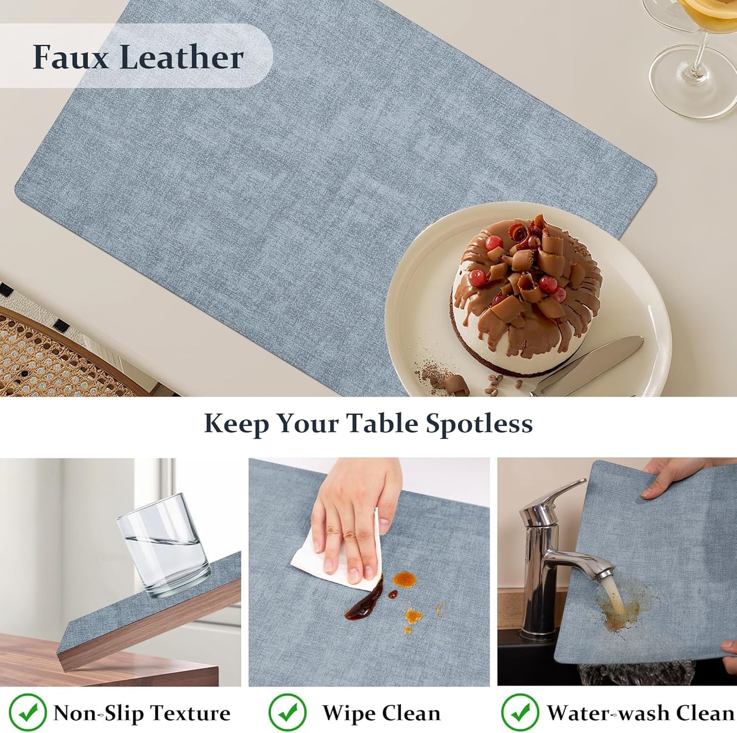FROMHEART Faux Leather Placemats Set of 4–Waterproof,Heat/Oil Stain-Resistant PU Table Mat–Reversible,Non-Slip,Easy to Clean Place Mats for Kitchen,Dining,Indoor/Outdoor,(Light Blue,11.8" x 17")