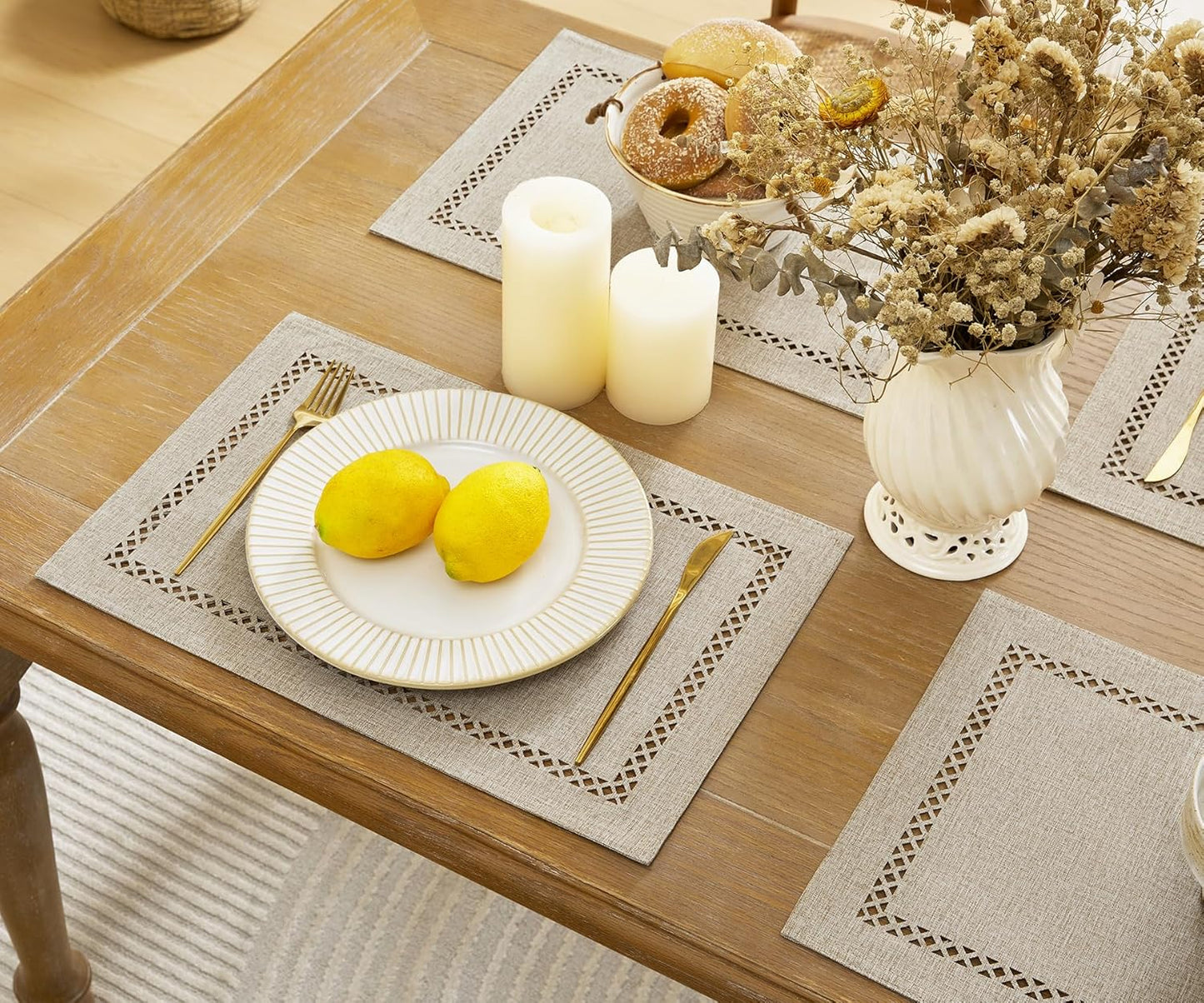 Burlap Placemats Set of 6, 12 x 18 Inch Rustic Geometric Hollow Place Mats, Heat Resistant Placemats for Farmhouse Kitchen Table Decor, Coffee 6PCS