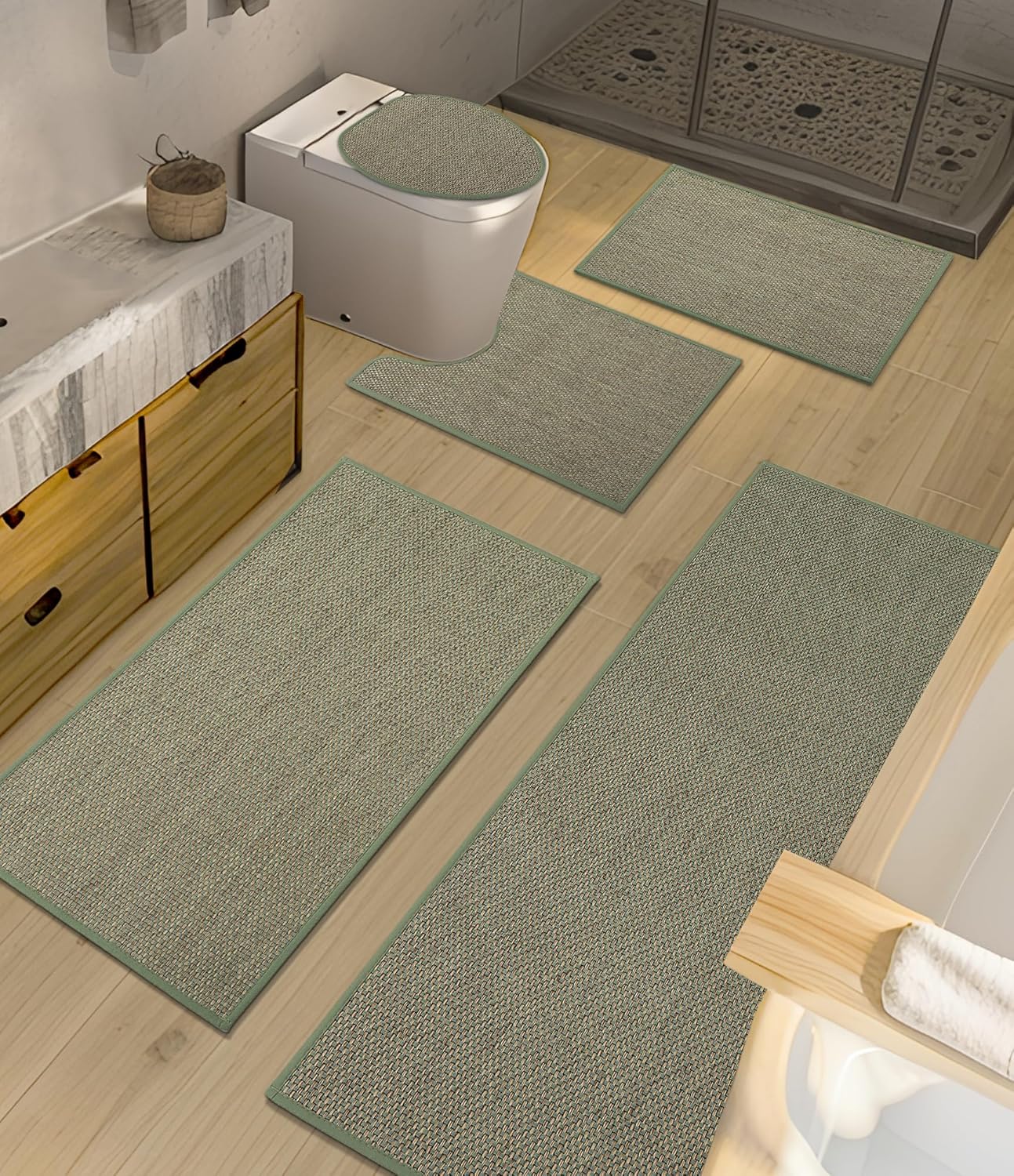 YIHOUSE Bathroom Rugs Sets 5 Pieces, Green Ultra Thin Bath Mats Fit Under Door, Absorbent Quickly Dry Rubber Backing Braided Bath Mat Set, Non Slip Washable Bath Rugs for Bathroom Floor, Green