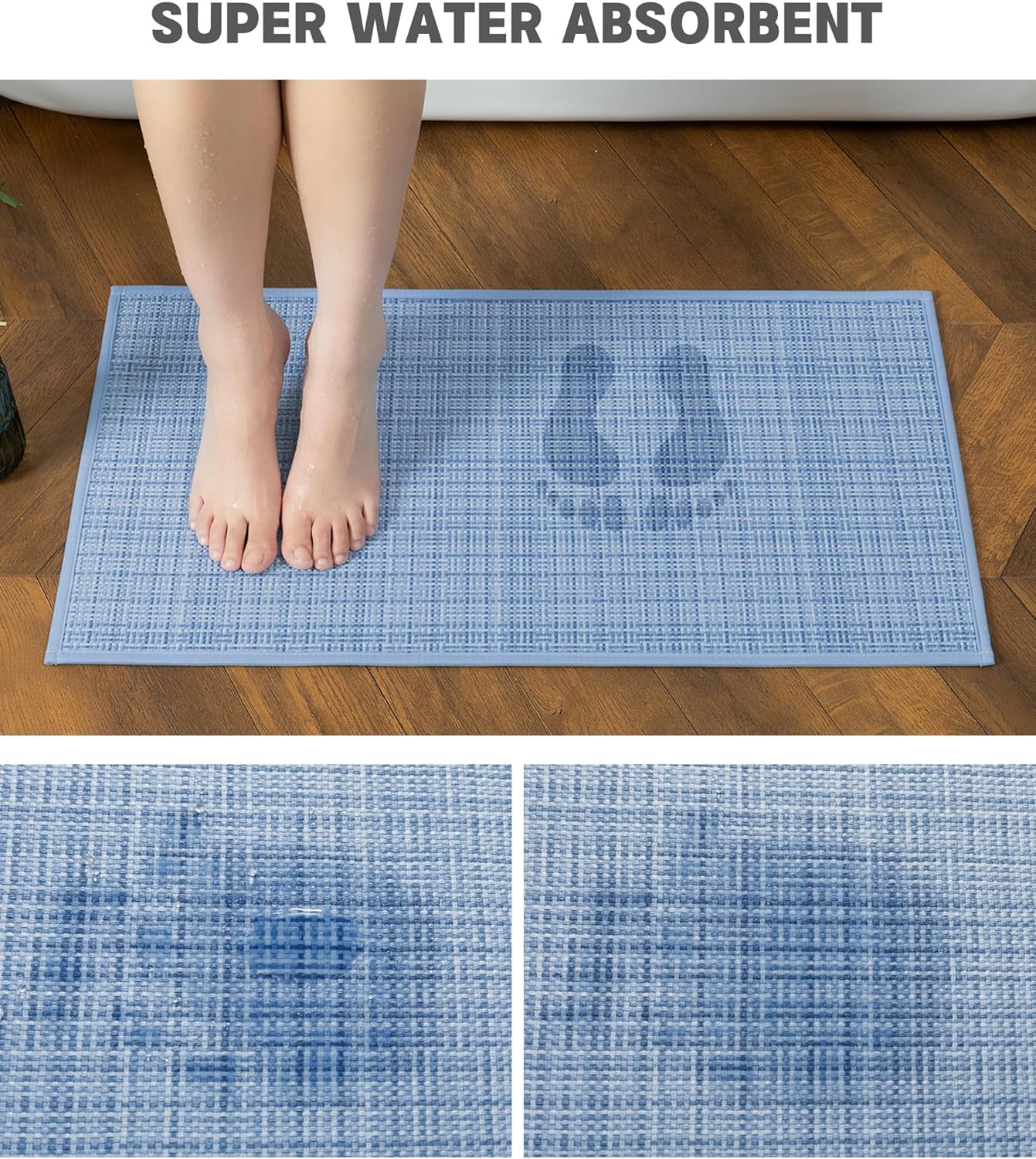 YIHOUSE Bathroom Rugs Sets 5 Pieces, Blue Ultra Thin Bath Mats Fit Under Door, Absorbent Quickly Dry Rubber Backing Braided Bath Mat Set, Non Slip Washable Bath Rugs for Bathroom Floor, Blue