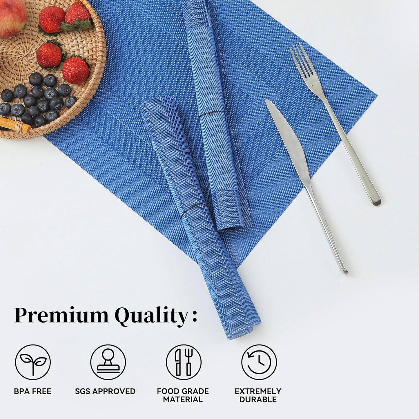 Leetaltree Blue Frame Placemats Set of 12 - Heat Resistant Non-Slip Place mats for Dining Table, Washable Durable PVC Vinyl Woven Table Mats（Blue Frame, 12）