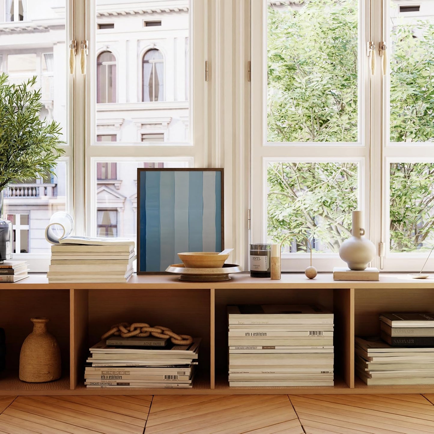 HAUS AND HUES Modern Abstract Wall Art - Blue and Green Living Room Art, Modern Artwork for Walls, Minimalist Picture for Living Room(Painted Stripes, Walnut Frame, 16x20)