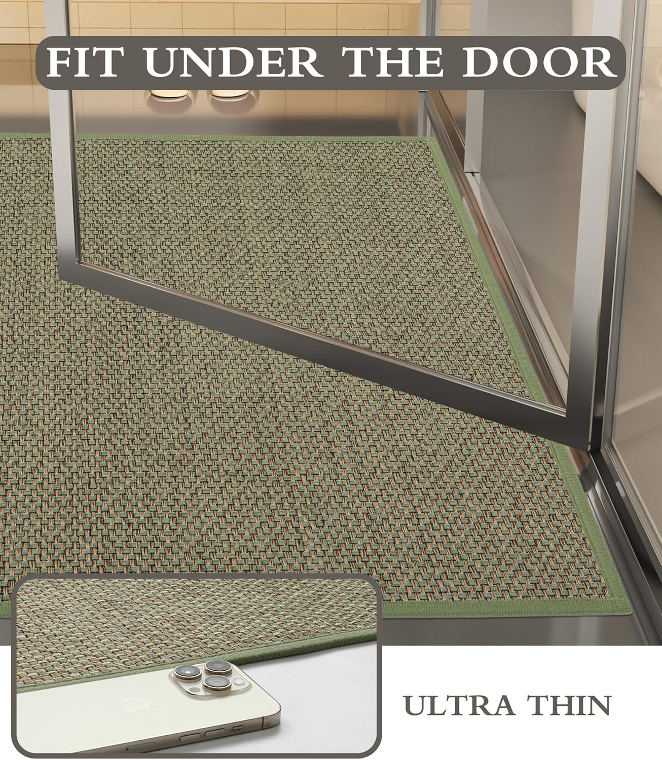 YIHOUSE Bathroom Rugs Sets 3 Pieces, Green Ultra Thin Bath Mats Fit Under Door, Absorbent Quickly Dry Rubber Backing Braided Bath Mat Set, Non Slip Washable Bath Rugs for Bathroom Floor, Green