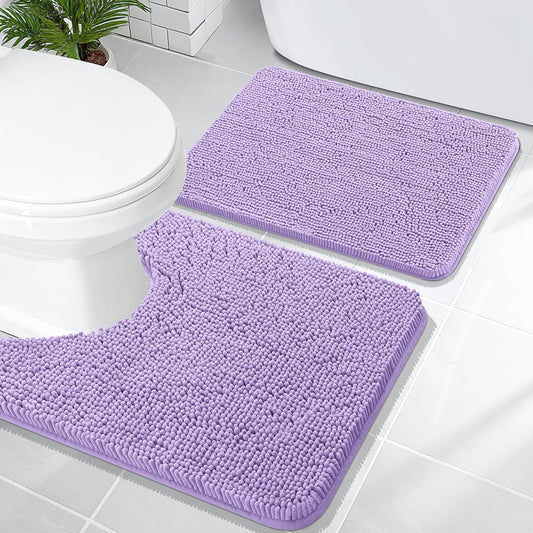 OLANLY Bathroom Rugs Sets 2 Piece, Soft Absorbent Chenille Bath Mats and U-Shaped Contour Toilet Mat Area Rug Set, Machine Washable Bath Carpet, Home Decor Accessories(24"x16"+24"x20", Lavender)