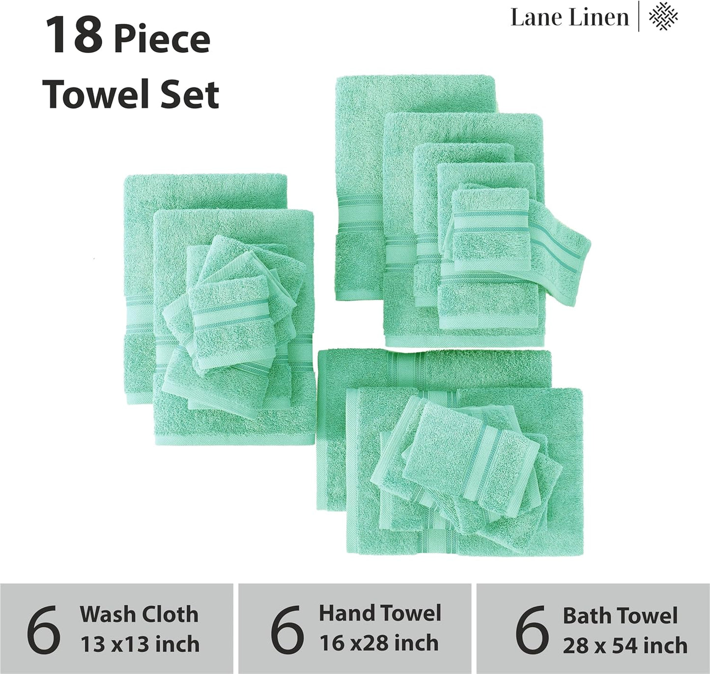 LANE LINEN 100% Mercerized Cotton Luxury Bathroom Towels Set - 18 Pieces - Zero Twist Technology - 6 Bath, 6 Washcloths, 6 Hand Towels - Remains Soft & Absorbent Even After Multiple Washes - Aqua Sky