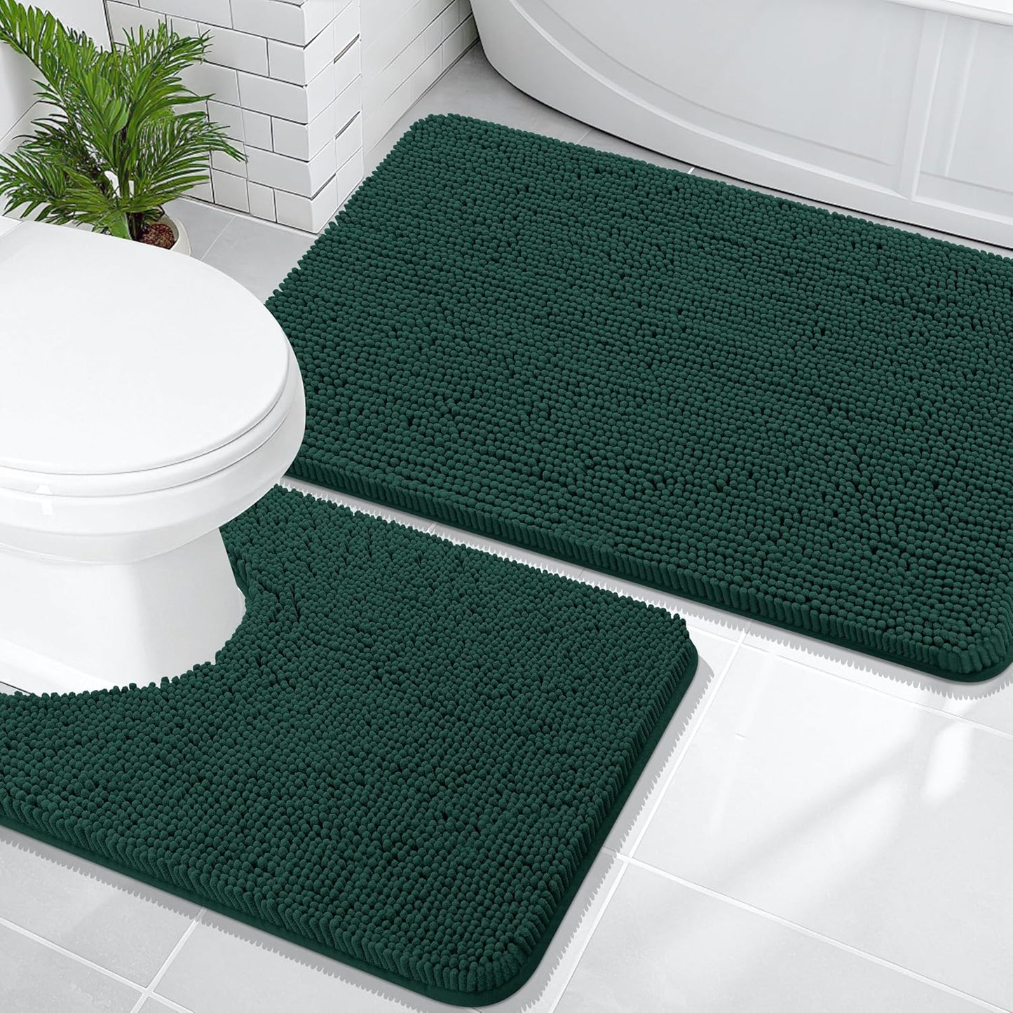 OLANLY Bathroom Rugs Sets 2 Piece, Soft Absorbent Chenille Bath Mats and U-Shaped Contour Toilet Mat Area Rug Set, Machine Washable Bath Carpet, Home Decor Accessories(36"x24"+24"x20", Blackish Green)