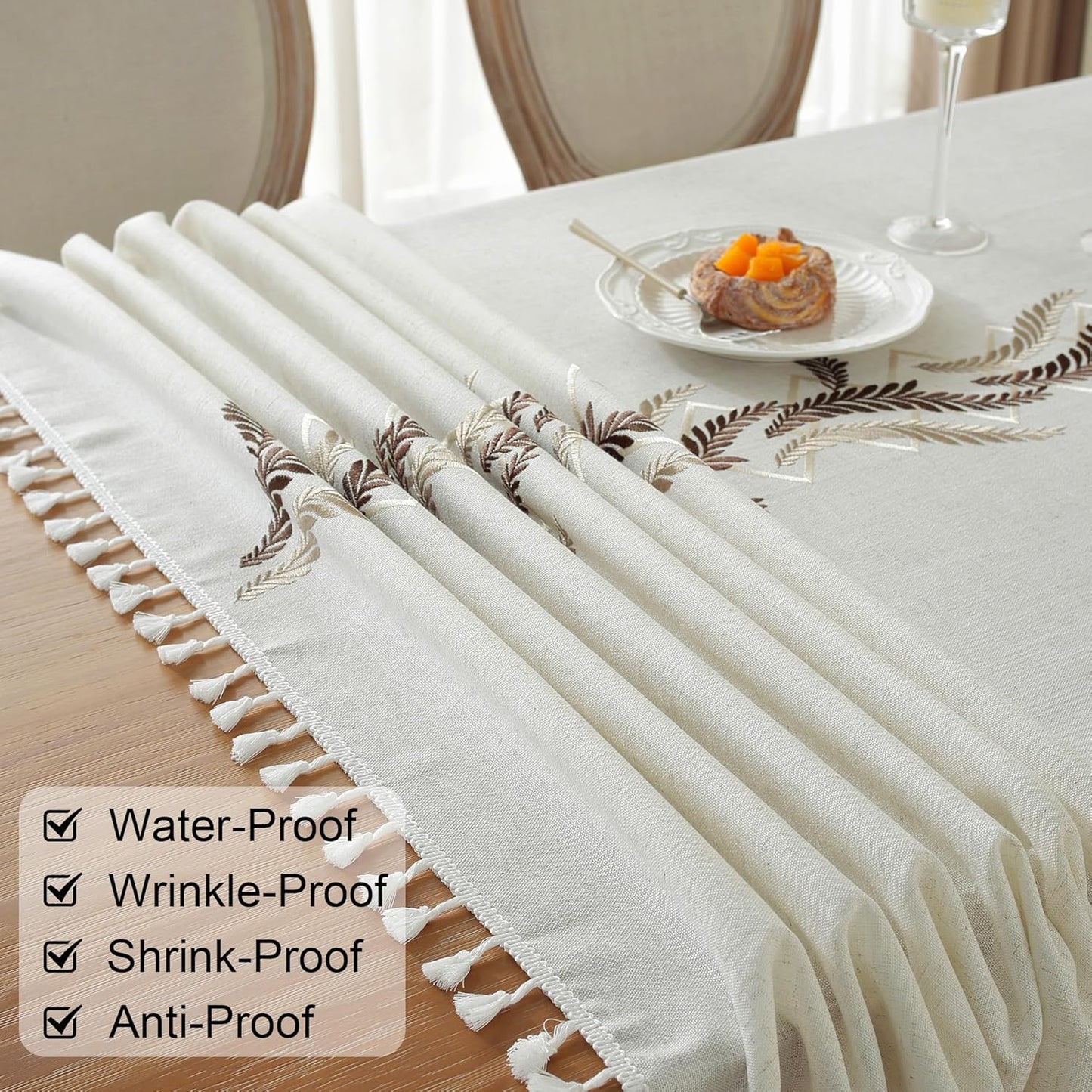 JIALE Tablecloths for Rectangle Tables, Cotton Linen Table Cloth Waterproof Tablecloth Wrinkle Free Farmhouse Dining Tables Cover, Soft Fabric Table Cloths with Tassels, Beige, 55" X 102", 8-10 Seats