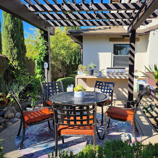 PURPLE LEAF Patio Dining Set Cast Aluminum 7-Piece Patio Furniture Set with 6 Dining Armchairs and 47" Round Table, 6 Cushions Included, for Lawn Yard Garden, Lattice Brick Red Outdoor Dining Set