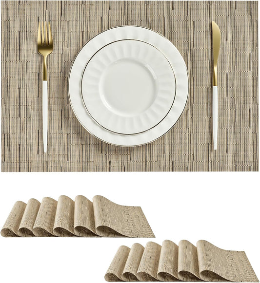 Leetaltree Light Brown Placemats Set of 12 - Heat Resistant Non-Slip Place mats for Dining Table, Washable Durable PVC Vinyl Woven Table Mats（Light Brown, 12）