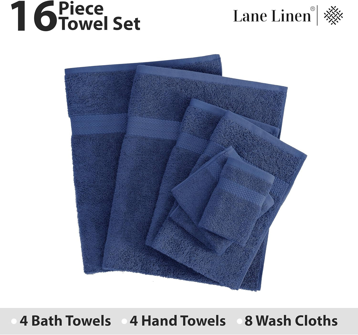 LANE LINEN 100% Cotton Luxury Towel Set for Bathroom - 16 Pieces, Ring Spun - Plush, Soft & Highly Absorbent - 4 Shower Towels, 8 Washcloths, 4 Hand Towels - Complete Bathroom Towel Set - Navy Blue