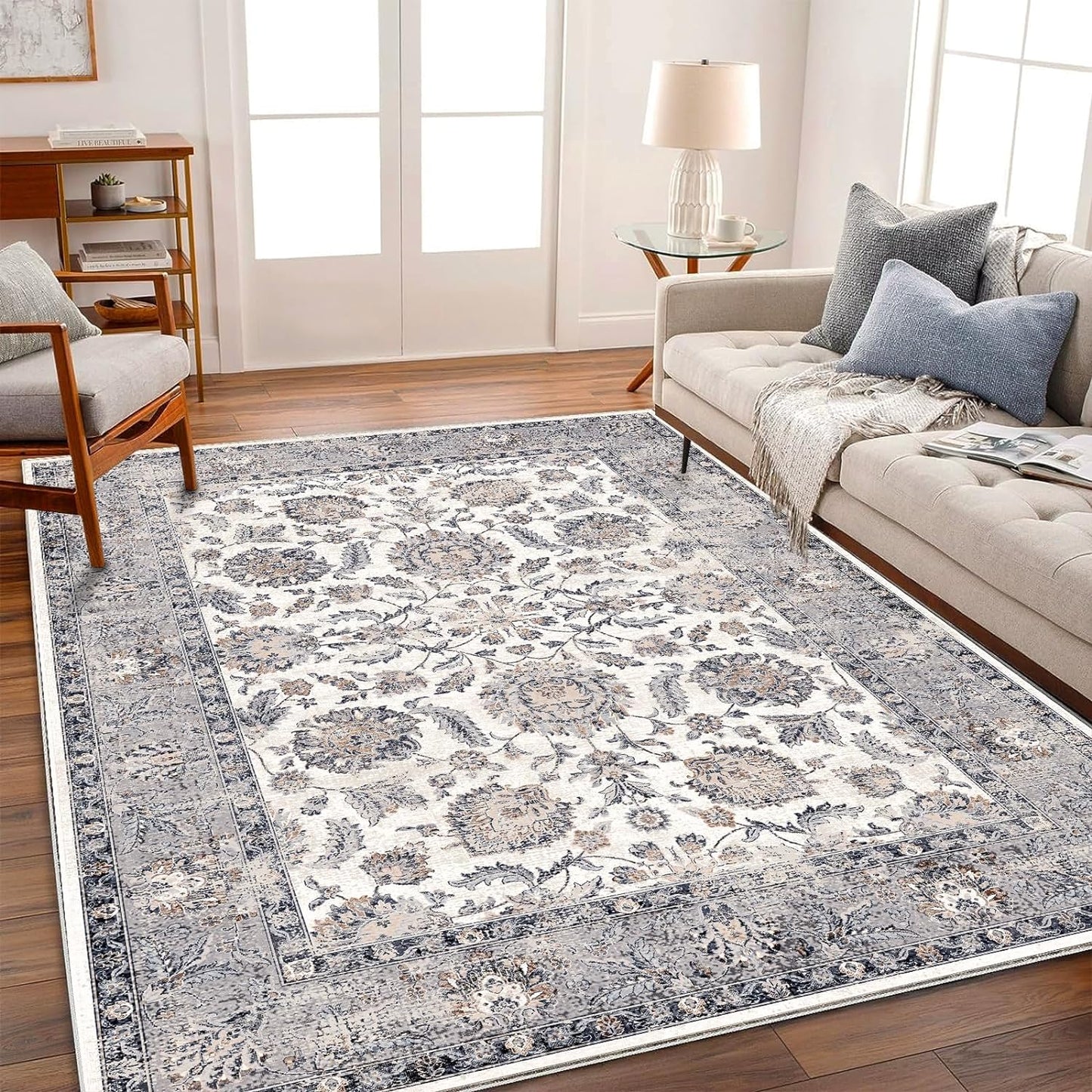 Washable Area Rug 5x7 Retro Boho Chic Medallion Distressed Design Living Room Indoor Non-Slip Large Oriental Accent Throw Rug for Kitchen Bedroom Office Carpet