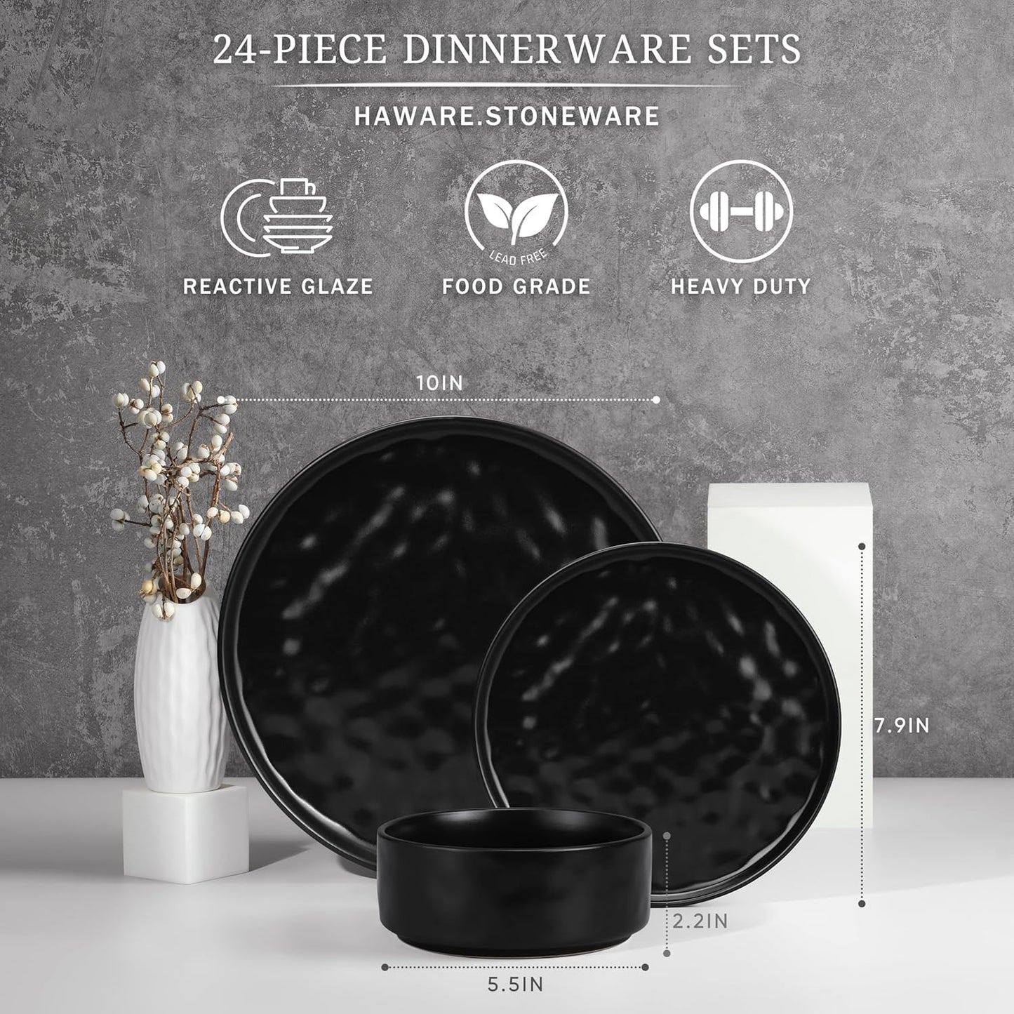 HaWare Dinnerware Sets, 24-Piece Plates and Bowls Set, Stoneware Dish Set for 8, Ceramic Dinnerware for Home Restaurant, Chip and Scratch Resistant, Microwave and Dishwasher Safe, Matte Black