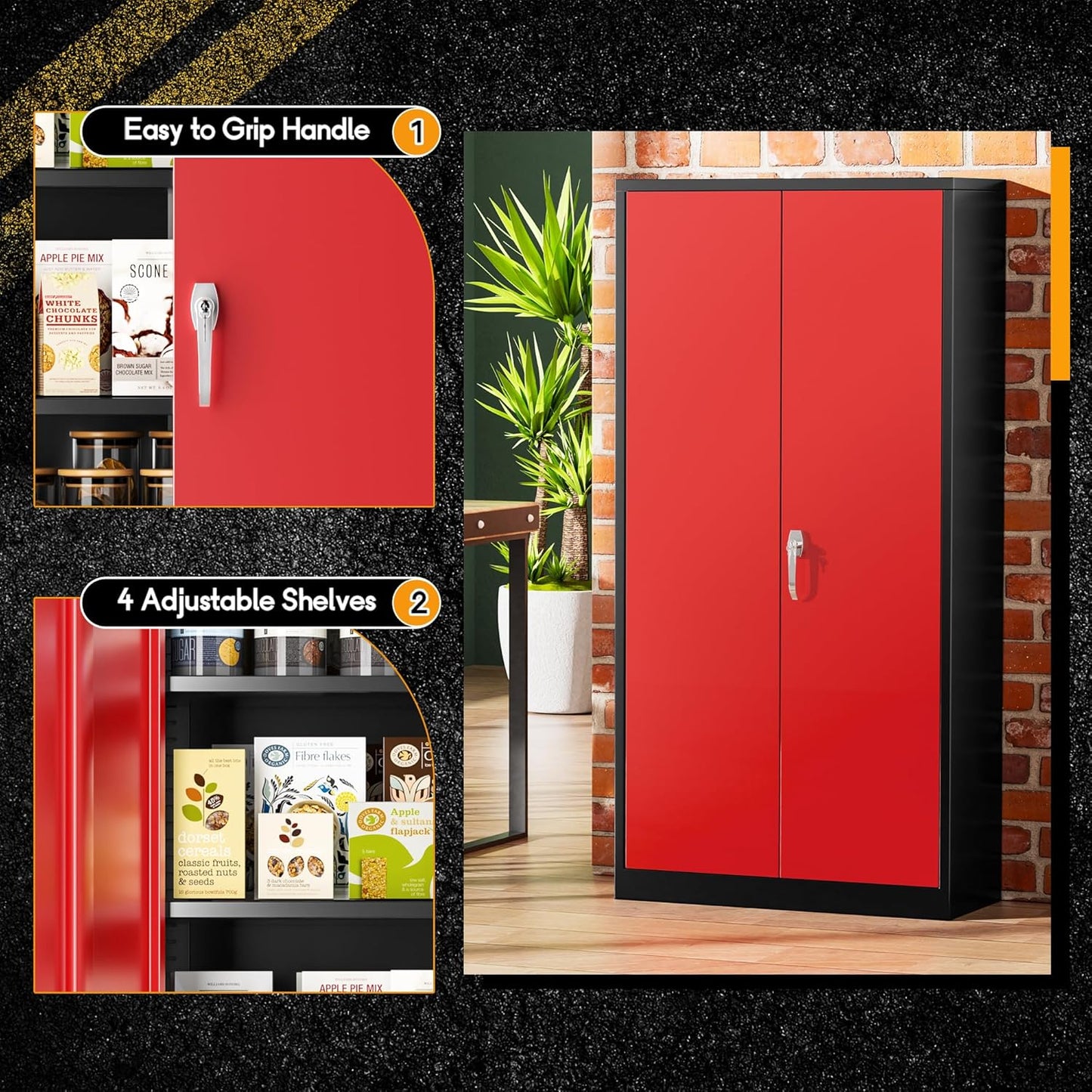 Greenvelly Metal Storage Cabinet with Doors and Adjustable Shelves,72" Black Red Locking Steel Garage Cabinet with Lock, Metal Tool Cabinets for Garage,Home Office,School