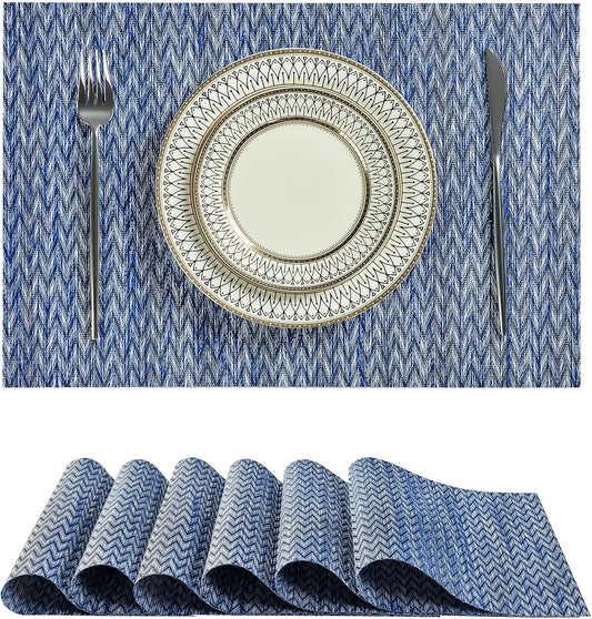 Leetaltree Blue Placemats Set of 6- Heat Resistant Non-Slip Place mats for Dining Table, Washable Durable PVC Vinyl Woven Table Mats（Blue Zigzag, 6）