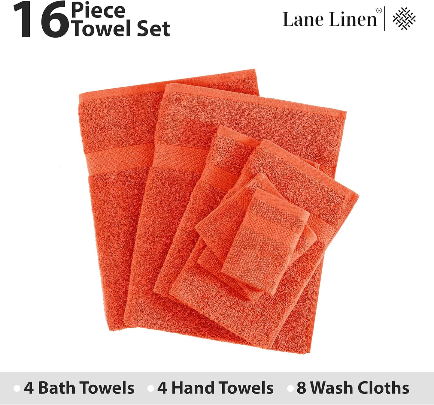 Lane Linen 100% Mercerized Cotton Bathroom Towel Set - 16 Pieces - Fluffy, Super Soft & Highly Absorbent - 4 Bath Towels, 8 Washcloths, 4 Hand Towels - RingSpun, Double Sided Cotton Terry - Tiger Lily