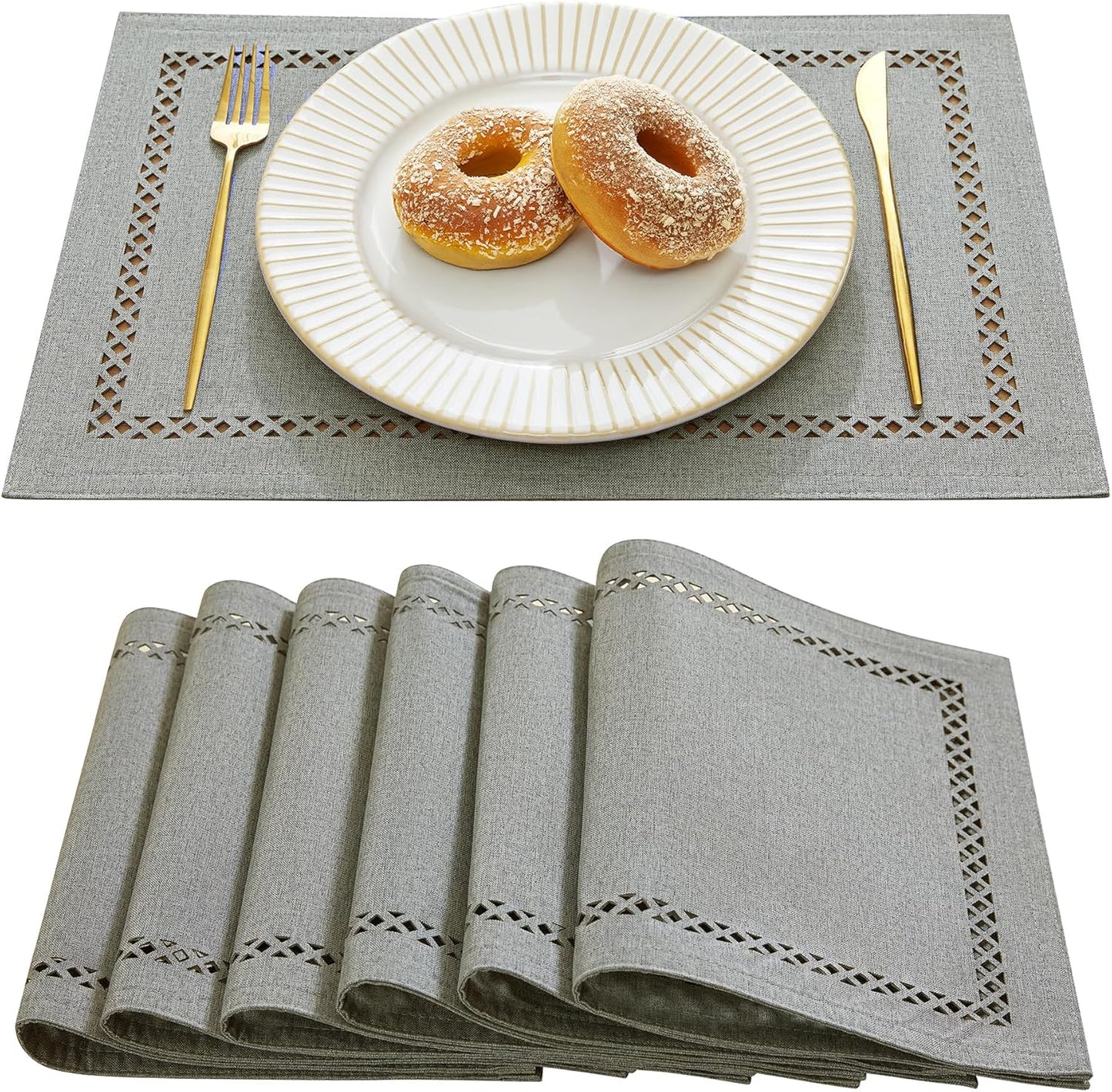 Burlap Placemats Set of 6, 12 x 18 Inch Rustic Geometric Hollow Place Mats, Heat Resistant Placemats for Farmhouse Kitchen Table Decor, Grey 6PCS